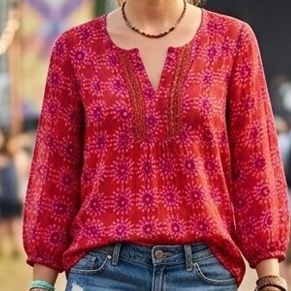 Route 66 Red Pink Medallion Print Chiffon Peasant Blouse Crochet Trim M Boho